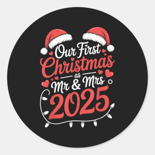 Onze eerste kerst als Mr. Mrs. 2025 Getrouwde Kopp Ronde Sticker (Voorkant)