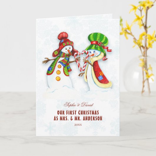 Onze eerste kerst als Mr. & Mrs Cute Snowman Kaart (Gele Bloem)