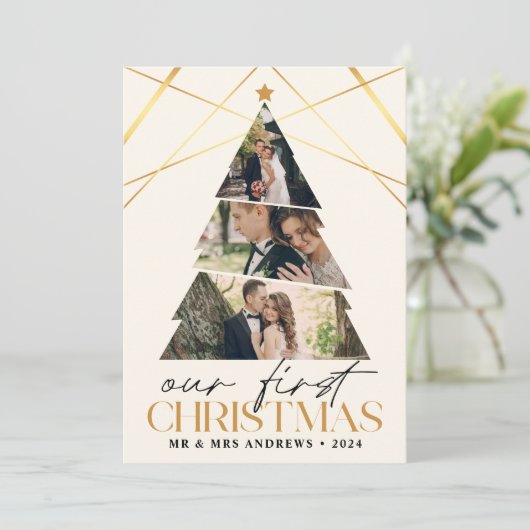 Onze eerste kerst als Mr & Mrs Gold Tree Feestdagenkaart (Staand voorkant)