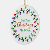 Onze eerste kerst als Mr & Mrs Lights Keramisch Ornament (Rechts)