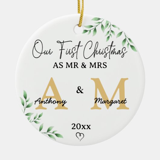 Onze eerste kerst als Mr & Mrs | Monogram & Foto Keramisch Ornament (Voorkant)