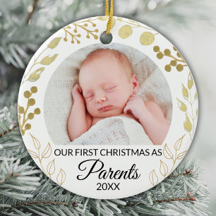Onze Eerste Kerst Als Ouders Foto Goud Loof Keramisch Ornament