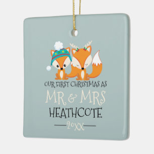 Onze eerste kerst Cartoon Red Fox gepersonaliseerd Keramisch Ornament
