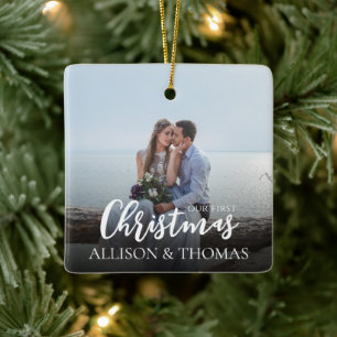 Onze Eerste Kerst Elegante Foto Eenvoudige Huwelij Keramisch Ornament
