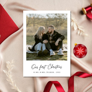 Onze eerste kerst elegante Pas getrouwd fotokaart Feestdagenkaart