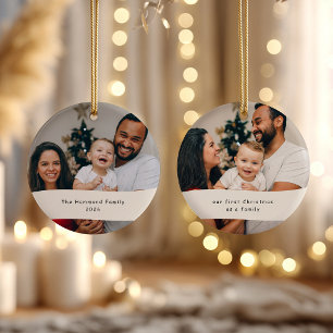 Onze Eerste Kerst Familie   2 Foto Gepersonaliseer Keramisch Ornament