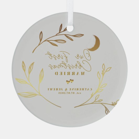 Onze eerste kerst gehuwd botanisch script glas ornament (Achterkant)