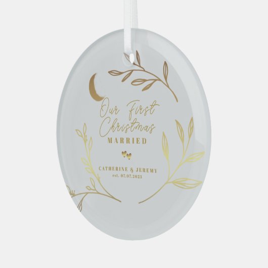 Onze eerste kerst gehuwd botanisch script glas ornament (Voorkant links)