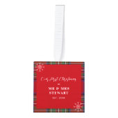 Onze eerste kerst getrouwde foto's Tartan Plaid Kubus Ornament (Voorkant)