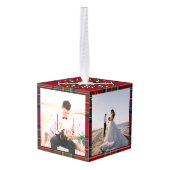 Onze eerste kerst getrouwde foto's Tartan Plaid Kubus Ornament (Achter hoekig)