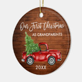 Onze eerste kerst grootouders hout rode vrachtwage keramisch ornament (Links)