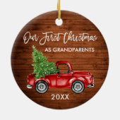 Onze eerste kerst grootouders hout rode vrachtwage keramisch ornament (Achterkant)