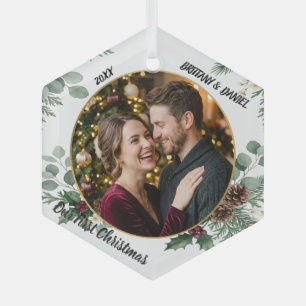 Onze Eerste Kerst Koppel Foto Glas Ornament