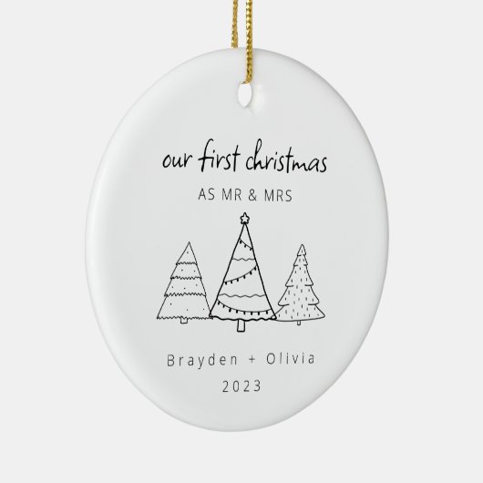 Onze eerste kerst Mr & Mrs Kerstbomen Keramisch Ornament (Rechts)