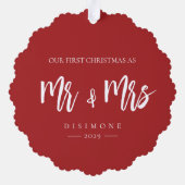 Onze eerste kerst Mr & Mrs Red Ornament Kaart (Achterkant)