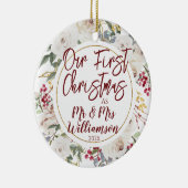 Onze eerste kerst Mr & Mrs Roos krans Keramisch Ornament (Rechts)