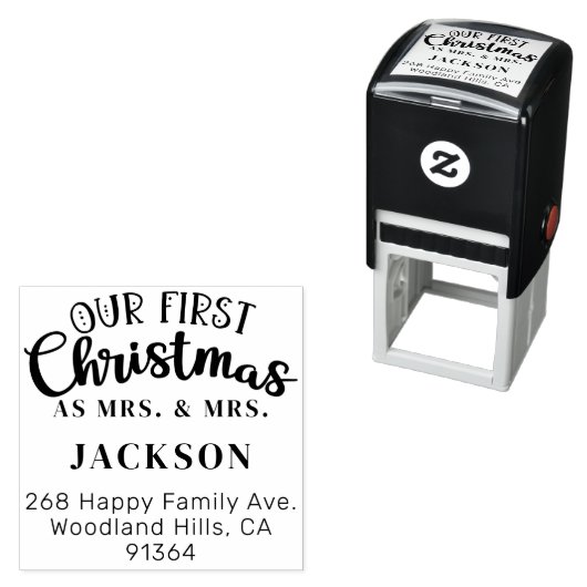 Onze eerste kerst MRS & MRS retour adres LGBTQ Zelfinktende Stempel (In situ)