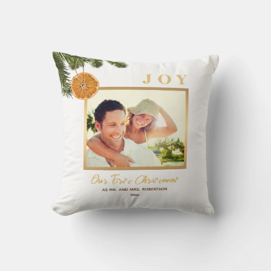 Onze Eerste Kerst Nieuwgetrouwd Modern Citrus Citr Kussen (Voorkant)