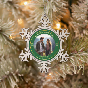 Onze eerste kerst samen 1 foto gouden lijst tin sneeuwvlok ornament