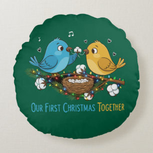 Onze eerste kerst samen Cute Lovebirds Rond Kussen