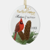 Onze eerste kerst samen kardinaal dennenappels keramisch ornament (Rechts)