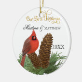Onze eerste kerst samen kardinaal dennenappels keramisch ornament (Links)
