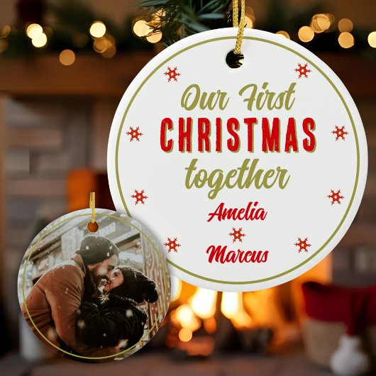 Onze eerste kerst samen met sneeuwvlokken keramisch ornament