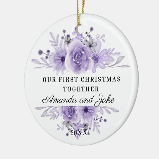 Onze eerste kerst samen Paarse bloemen Keramisch Ornament (Links)
