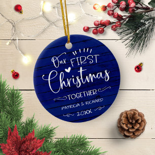 Onze eerste kerst samen Rustieke boerderij Blauwe Keramisch Ornament
