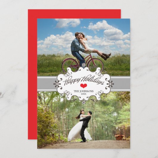 Onze eerste kerst samen Zilveren lint 2-foto Feestdagenkaart (Voorkant / Achterkant)