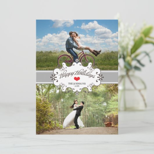 Onze eerste kerst samen Zilveren lint 2-foto Feestdagenkaart (Staand voorkant)