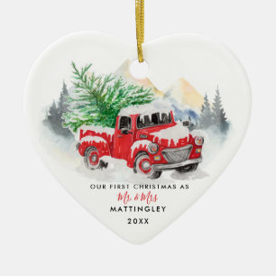 Onze eerste kerst trouwde met Mr en Mrs Red Truck Keramisch Ornament