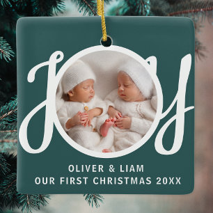 Onze Eerste Kerst Tweeling Foto Groene Aandenken Keramisch Ornament