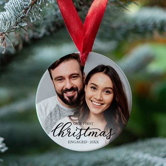 Onze Eerste Kerst Verloofd Elegant Zwart Schrift Ornament