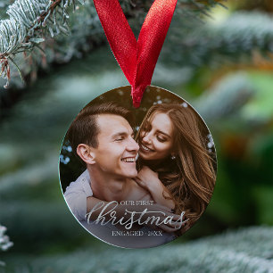 Onze Eerste Kerst Verloofd Zilver Folie Schrift Ornament