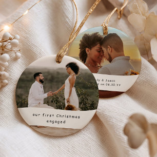 Onze Eerste Kerst Verloving 2 Foto Gepersonaliseer Keramisch Ornament