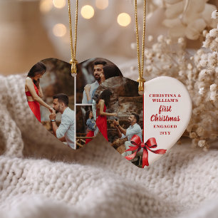 Onze Eerste Kerst Verloving 4 Foto Rode Strik Hart Keramisch Ornament