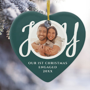 Onze Eerste Kerst Verloving Foto Hartvormig Keramisch Ornament