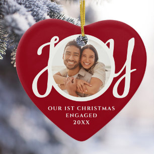 Onze Eerste Kerst Verloving Foto Rode Hartvorm Keramisch Ornament