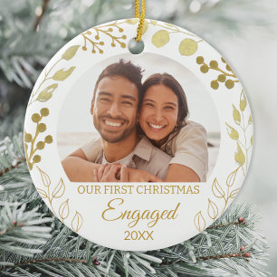 Onze Eerste Kerst Verloving Gouden Blad Foto Keramisch Ornament
