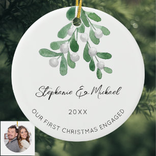 Onze Eerste Kerst Verloving Mistletoe Foto Keramie Keramisch Ornament