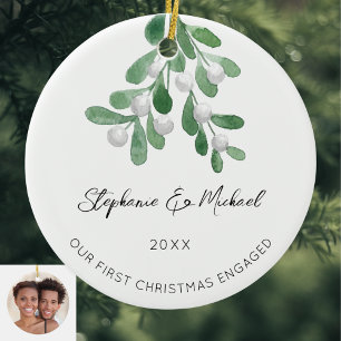 Onze Eerste Kerst Verloving Mistletoe Foto Keramie Keramisch Ornament