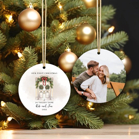 Onze Eerste Kerst Wit Deur Koppel Foto  Keramisch Ornament