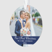 Onze eerste kerstbruiloft foto Blauw Ornament (voorkant)