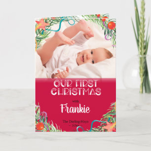 Onze Eerste Kerstdag Baby Foto & Naam Rood Wit Feestdagen Kaart