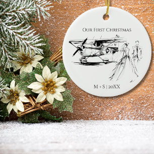Onze Eerste Kerstdag Luchtvaart Huwelijksfotokoppe Keramisch Ornament