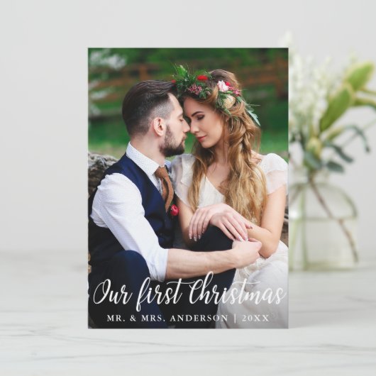 Onze Eerste Kerstdag Trouwfoto Kaart (Staand voorkant)