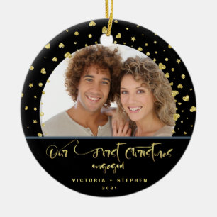Onze eerste kerstfeestelijke foto Gold Confetti Keramisch Ornament