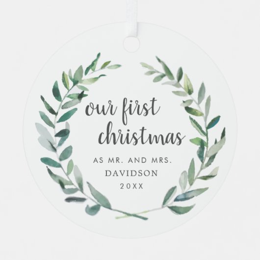 Onze eerste kerstfeestelijke Pas getrouwd Greenery Metalen Ornament (Voorkant)