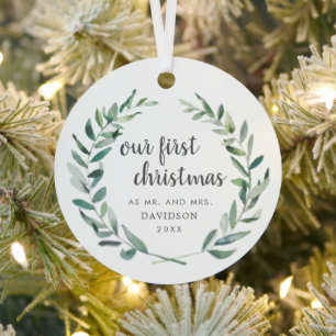 Onze eerste kerstfeestelijke Pas getrouwd Greenery Metalen Ornament